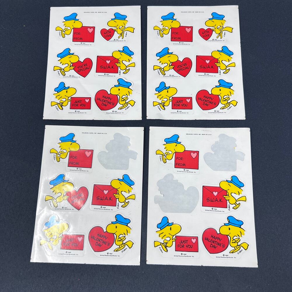 Hallmark‎ Snoopy Woodstock Valentine's Stickers Vintage 4 sheets partial Peanuts